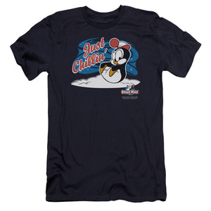 AN OFFCIALLY LICENSED CHILLY WILLY JUST CHILLIN MEN'S PREMIUM SLIM FIT T-SHIRT NAVY