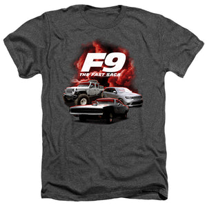 AN OFFCIALLY LICENSED FAST AND THE FURIOUS 9 CAR GROUP MEN'S HEATHER T-SHIRT CHARCOAL