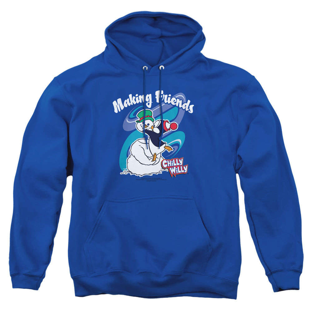 AN OFFCIALLY LICENSED CHILLY WILLY MAKING FRIENDS ADULT UNISEX PULLOVER HOODIE ROYAL