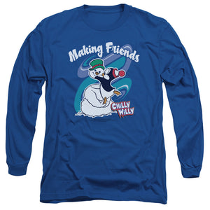 AN OFFCIALLY LICENSED CHILLY WILLY MAKING FRIENDS MEN'S LONG SLEEVE T-SHIRT ROYAL