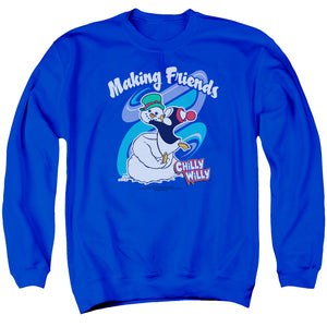 AN OFFCIALLY LICENSED CHILLY WILLY MAKING FRIENDS ADULT UNISEX CREWNECK SWEATSHIRT ROYAL