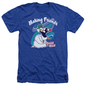 AN OFFCIALLY LICENSED CHILLY WILLY MAKING FRIENDS MEN'S HEATHER T-SHIRT ROYAL