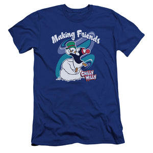 AN OFFCIALLY LICENSED CHILLY WILLY MAKING FRIENDS MEN'S PREMIUM SLIM FIT T-SHIRT ROYAL