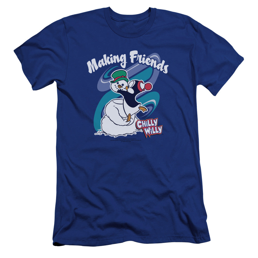 AN OFFCIALLY LICENSED CHILLY WILLY MAKING FRIENDS MEN'S PREMIUM SLIM FIT T-SHIRT ROYAL