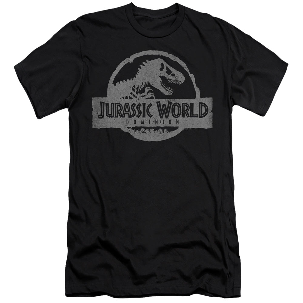 AN OFFCIALLY LICENSED JURASSIC WORLD DOMINION VINTAGE LOGO MEN'S PREMIUM SLIM FIT T-SHIRT BLACK