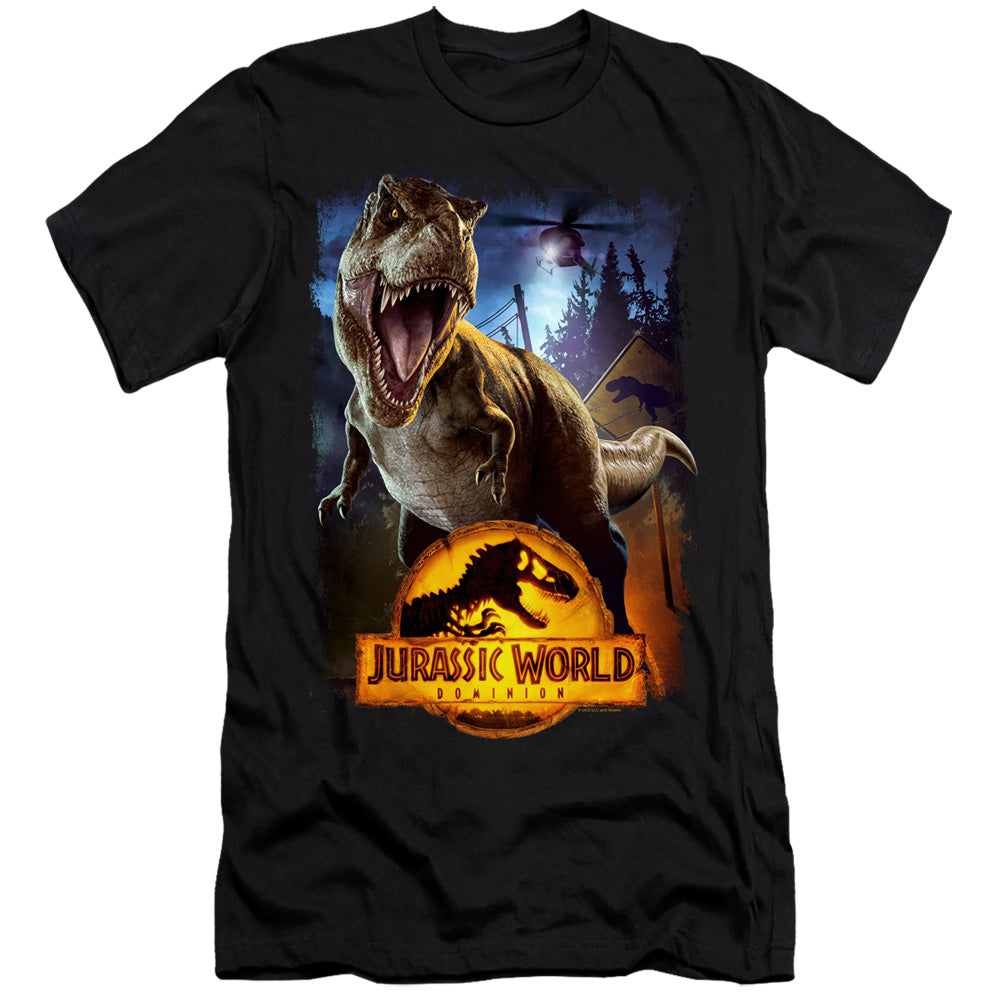 AN OFFCIALLY LICENSED JURASSIC WORLD NO MORE FENCES MEN'S PREMIUM SLIM FIT T-SHIRT BLACK