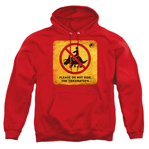AN OFFCIALLY LICENSED JURASSIC WORLD DON'T RIDE SIGN ADULT UNISEX PULLOVER HOODIE RED