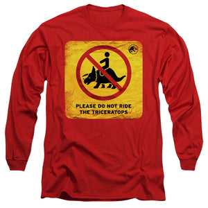 AN OFFCIALLY LICENSED JURASSIC WORLD DON'T RIDE SIGN MEN'S LONG SLEEVE T-SHIRT RED