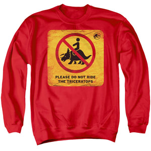 AN OFFCIALLY LICENSED JURASSIC WORLD DON'T RIDE SIGN ADULT UNISEX CREWNECK SWEATSHIRT RED