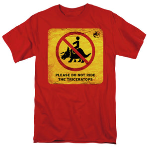 AN OFFCIALLY LICENSED JURASSIC WORLD DON'T RIDE SIGN MEN'S REGULAR FIT T-SHIRT RED