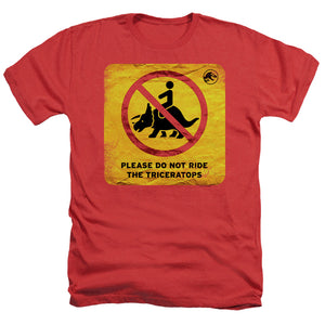 AN OFFCIALLY LICENSED JURASSIC WORLD DON'T RIDE SIGN MEN'S HEATHER T-SHIRT RED