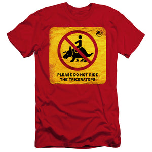 AN OFFCIALLY LICENSED JURASSIC WORLD DON'T RIDE SIGN MEN'S PREMIUM SLIM FIT T-SHIRT RED