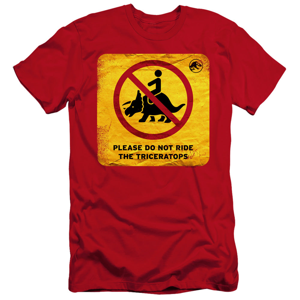 AN OFFCIALLY LICENSED JURASSIC WORLD DON'T RIDE SIGN MEN'S PREMIUM SLIM FIT T-SHIRT RED