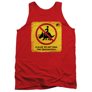 AN OFFCIALLY LICENSED JURASSIC WORLD DON'T RIDE SIGN ADULT UNISEX TANK TOP RED