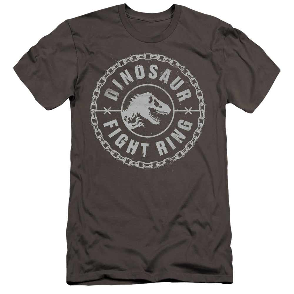 AN OFFCIALLY LICENSED JURASSIC WORLD DINO FIGHT RING MEN'S PREMIUM SLIM FIT T-SHIRT CHARCOAL