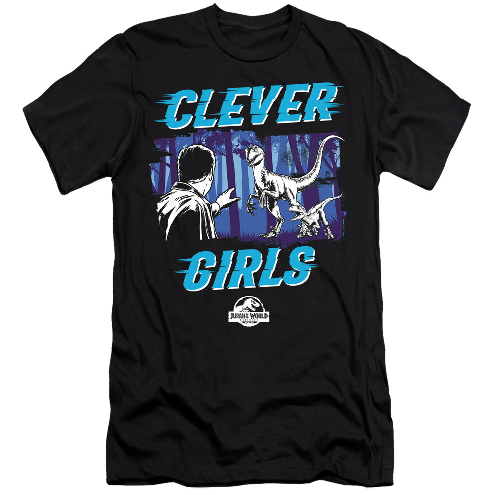 AN OFFCIALLY LICENSED JURASSIC WORLD DOMINIONS CLEVER GIRL MEN'S PREMIUM SLIM FIT T-SHIRT BLACK