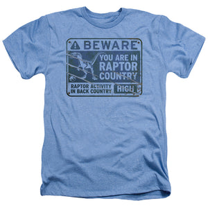 AN OFFCIALLY LICENSED JURASSIC WORLD RAPTOR SIGN MEN'S HEATHER T-SHIRT LIGHT BLUE