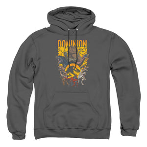 AN OFFCIALLY LICENSED JURASSIC WORLD DOMINION PACK ILLUSTRATED ADULT UNISEX PULLOVER HOODIE CHARCOAL