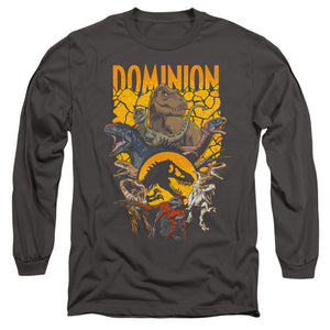 AN OFFCIALLY LICENSED JURASSIC WORLD DOMINION PACK ILLUSTRATED MEN'S LONG SLEEVE T-SHIRT CHARCOAL