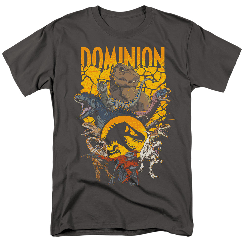AN OFFCIALLY LICENSED JURASSIC WORLD DOMINION PACK ILLUSTRATED MEN'S REGULAR FIT T-SHIRT CHARCOAL