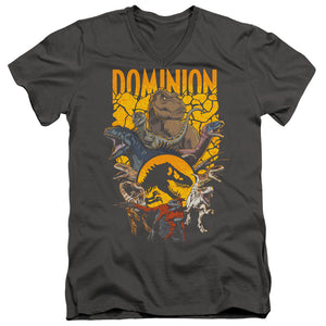 AN OFFCIALLY LICENSED JURASSIC WORLD DOMINION PACK ILLUSTRATED MEN'S V-NECK T-SHIRT CHARCOAL