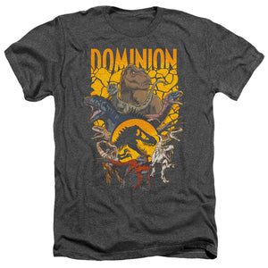 AN OFFCIALLY LICENSED JURASSIC WORLD DOMINION PACK ILLUSTRATED MEN'S HEATHER T-SHIRT CHARCOAL