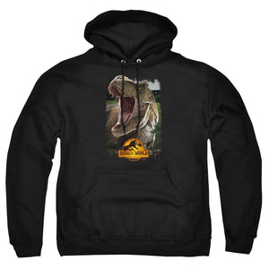 AN OFFCIALLY LICENSED JURASSIC WORLD REX BEAUTY SHOT ADULT UNISEX PULLOVER HOODIE BLACK