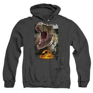 AN OFFCIALLY LICENSED JURASSIC WORLD REX BEAUTY SHOT ADULT UNISEX HEATHER PULLOVER HOODIE BLACK