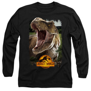 AN OFFCIALLY LICENSED JURASSIC WORLD REX BEAUTY SHOT MEN'S LONG SLEEVE T-SHIRT BLACK
