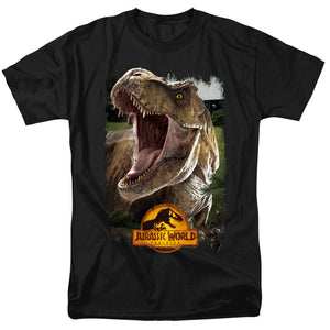AN OFFCIALLY LICENSED JURASSIC WORLD REX BEAUTY SHOT MEN'S REGULAR FIT T-SHIRT BLACK