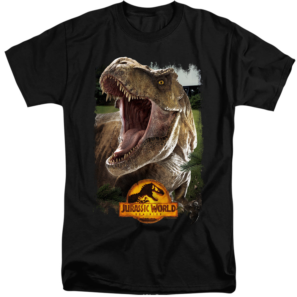AN OFFCIALLY LICENSED JURASSIC WORLD REX BEAUTY SHOT MEN'S TALL FIT T-SHIRT BLACK