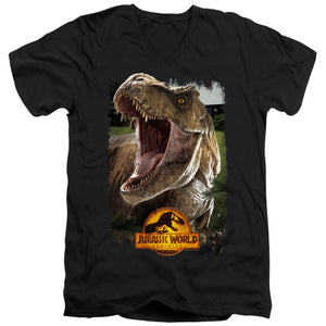 AN OFFCIALLY LICENSED JURASSIC WORLD REX BEAUTY SHOT MEN'S V-NECK T-SHIRT BLACK