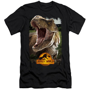 AN OFFCIALLY LICENSED JURASSIC WORLD REX BEAUTY SHOT MEN'S PREMIUM SLIM FIT T-SHIRT BLACK