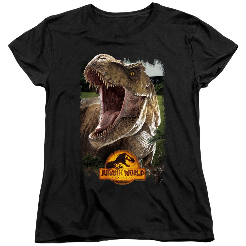 AN OFFCIALLY LICENSED JURASSIC WORLD REX BEAUTY SHOT WOMEN'S REGULAR FIT T-SHIRT BLACK