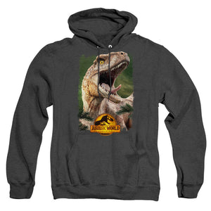 AN OFFCIALLY LICENSED JURASSIC WORLD RAPTOR BEAUTY SHOT ADULT UNISEX HEATHER PULLOVER HOODIE BLACK