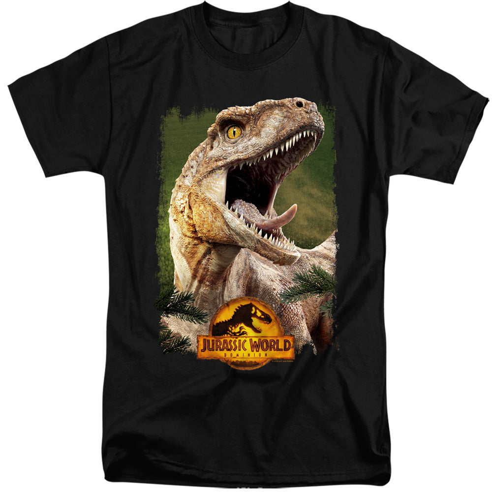 AN OFFCIALLY LICENSED JURASSIC WORLD RAPTOR BEAUTY SHOT MEN'S TALL FIT T-SHIRT BLACK