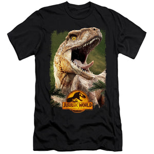 AN OFFCIALLY LICENSED JURASSIC WORLD RAPTOR BEAUTY SHOT MEN'S PREMIUM SLIM FIT T-SHIRT BLACK