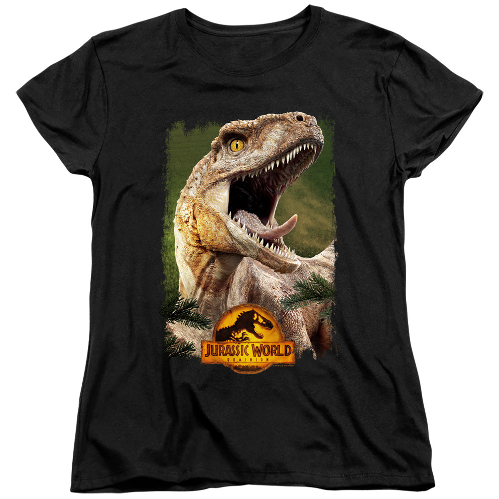 AN OFFCIALLY LICENSED JURASSIC WORLD RAPTOR BEAUTY SHOT WOMEN'S REGULAR FIT T-SHIRT BLACK