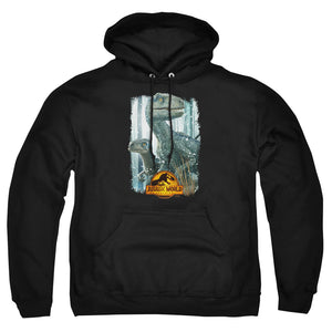 AN OFFCIALLY LICENSED JURASSIC WORLD BLUE BEAUTY SHOT ADULT UNISEX PULLOVER HOODIE BLACK