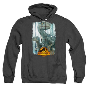 AN OFFCIALLY LICENSED JURASSIC WORLD BLUE BEAUTY SHOT ADULT UNISEX HEATHER PULLOVER HOODIE BLACK