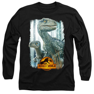 AN OFFCIALLY LICENSED JURASSIC WORLD BLUE BEAUTY SHOT MEN'S LONG SLEEVE T-SHIRT BLACK