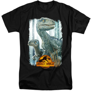 AN OFFCIALLY LICENSED JURASSIC WORLD BLUE BEAUTY SHOT MEN'S TALL FIT T-SHIRT BLACK