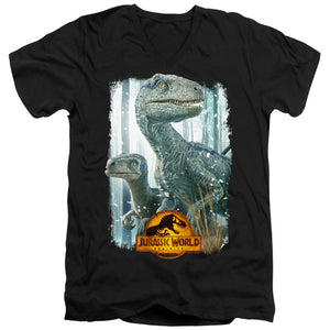 AN OFFCIALLY LICENSED JURASSIC WORLD BLUE BEAUTY SHOT MEN'S V-NECK T-SHIRT BLACK