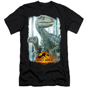 AN OFFCIALLY LICENSED JURASSIC WORLD BLUE BEAUTY SHOT MEN'S PREMIUM SLIM FIT T-SHIRT BLACK