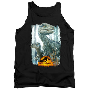 AN OFFCIALLY LICENSED JURASSIC WORLD BLUE BEAUTY SHOT ADULT UNISEX TANK TOP BLACK