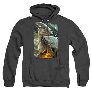 AN OFFCIALLY LICENSED JURASSIC WORLD PARASAUROLOPHUS BEAUTY SHOT ADULT UNISEX HEATHER PULLOVER HOODIE BLACK