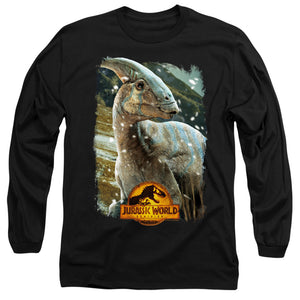 AN OFFCIALLY LICENSED JURASSIC WORLD PARASAUROLOPHUS BEAUTY SHOT MEN'S LONG SLEEVE T-SHIRT BLACK
