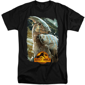 AN OFFCIALLY LICENSED JURASSIC WORLD PARASAUROLOPHUS BEAUTY SHOT MEN'S TALL FIT T-SHIRT BLACK
