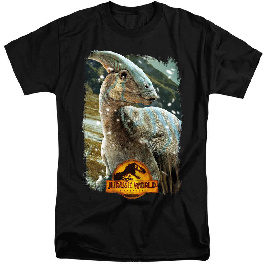 AN OFFCIALLY LICENSED JURASSIC WORLD PARASAUROLOPHUS BEAUTY SHOT MEN'S TALL FIT T-SHIRT BLACK