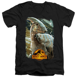 AN OFFCIALLY LICENSED JURASSIC WORLD PARASAUROLOPHUS BEAUTY SHOT MEN'S V-NECK T-SHIRT BLACK